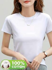1 Piece. Basic Style: Exquisite And Simple T-Shirt, Round-Neck Short-Sleeve Solid Color T-Shirt, Suitable For Daily Commuting, Light Business Occasions, Easy To Match, Women's Clothing, Minimalist Wardrobe, Casual Wear, Classic T-Shirt, Fresh Aesthetic, Comfortable Fit. Comfortable Fabric - trắng - Xem 5