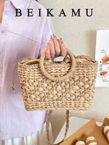 New Khaki Handwoven Straw Basket Bag, Round Handle Drawstring Tote Bag, Fresh Summer Beach Vacation Handbag For Women - Khaki - View 5
