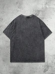 Lonblece 复古美式做旧3D压纹短袖T恤，宽松街头风水洗T恤 - 黑色 - 查看 4