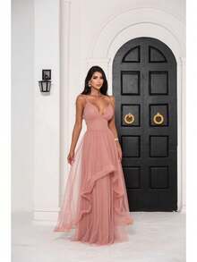 Greek Goddess Gala Dress In Tulle Without Glitter, With Capes And Invisible Zipper - Rose - View 1