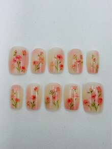 10片手工美甲贴纸，粉色短梯形，香氛法式美甲贴纸，美甲贴花，适合新年、情人节、UV凝胶美甲、夏季，可佩戴美甲，优雅设计，高端法式风格，凝胶指甲油，闪粉，猫眼效果按压式美甲贴片 - 粉色 - 查看 4