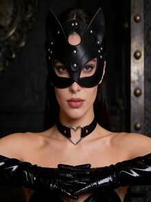 Bộ trang phục mèo Punk gồm mặt nạ mắt, vòng cổ hình trái tim và găng tay giả da - Hoàn hảo cho các bữa tiệc Halloween, vũ hội fetish, v.v. - màu đen - Xem 2