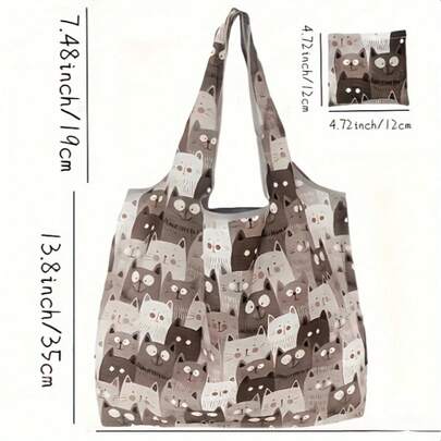Reusable Polyester Foldable Shopping Tote With Cute Cartoon Cat Design, Compact Pocket Included, Hand Washable