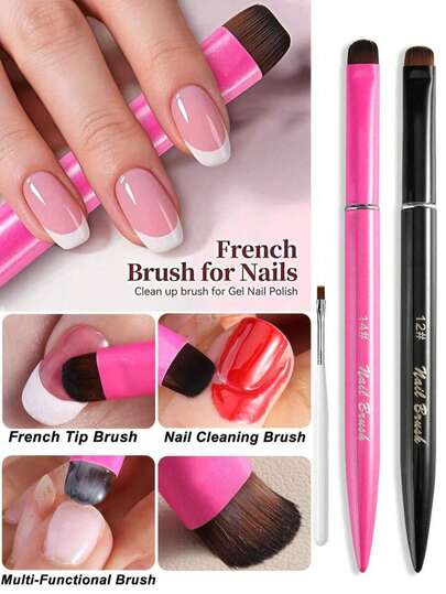 2支装法式美甲刷套装，三合一美甲刷，适用于凝胶和亚克力指甲 - 尼龙刷头，多功能刷，可用于精细彩绘和自由造型，灵活精准的刷头，强力推力，流畅弧度，可用于凝胶指甲的精细清洁和着色，美甲沙龙配件，美甲工具