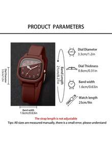 2 piezas Conjunto de relojes de cuarzo para mujer, que incluye 1 reloj de cuarzo con correa de silicona marrón, esfera cuadrada y números arábigos, y 1 pulsera de cadena dorada rosa con forma de corazón borgoña - Marrón - Ver 3