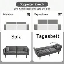 Adjustable 2-In-1 Sofa Bed – Double Seat, Velvet Fabric, Folding Armrests With Sleeping Function, Ideal For Small Families. - Grey - View 6