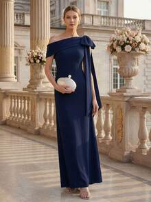 EVERPRETTY Đầm dài màu xanh navy thanh lịch, không tay, cổ lệch, được trang trí bằng nơ, phù hợp cho phụ nữ tham dự nhiều dịp trọng đại, tiệc trang trọng, đám cưới, tiệc mùa xuân, dạ hội tốt nghiệp, tiệc cưới bán trang trọng. - Màu xanh hải quân - Xem 2