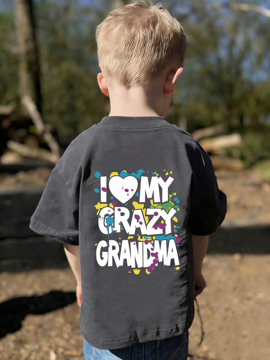 Young Boy Casual Graphic Print Crew Neck Short Sleeve T-Shirt, Summer Top - Dark Grey - View 1