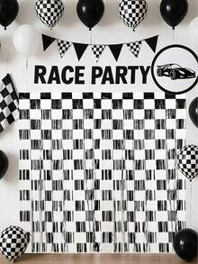 1/2 Piezas Cortina de flecos de papel de aluminio a cuadros negros y blancos para decoración de fiestas de cumpleaños, 1 x 2 metros. Una cortina de flecos de papel de aluminio a cuadros negros y blancos como accesorio fotográfico, adecuada para fiestas de cumpleaños con temática de carreras, fondos de habitación, escaparates, regalos, fiestas de carreras y decoraciones de fiestas de cumpleaños - Cuadros blancos y negros - Ver 1
