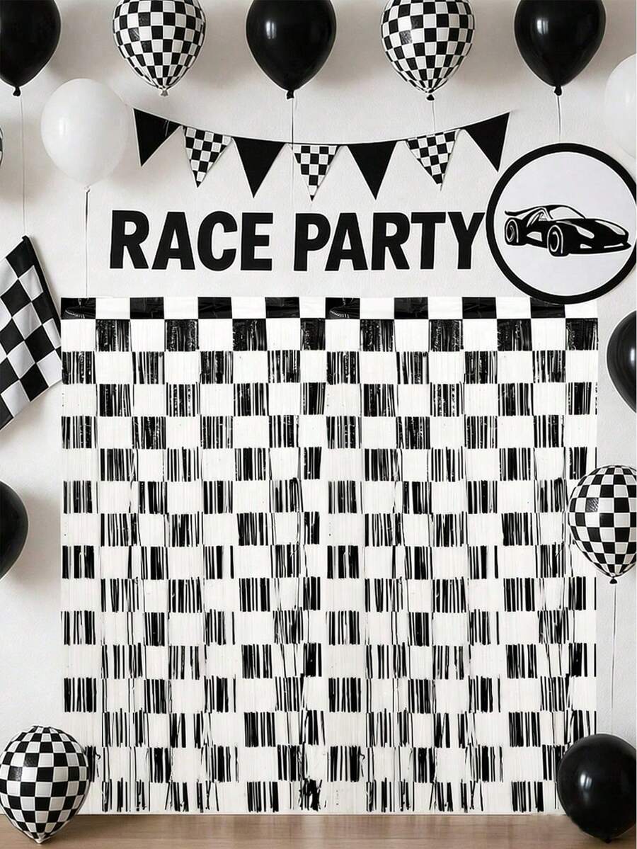 1/2 Piezas Cortina de flecos de papel de aluminio a cuadros negros y blancos para decoración de fiestas de cumpleaños, 1 x 2 metros. Una cortina de flecos de papel de aluminio a cuadros negros y blancos como accesorio fotográfico, adecuada para fiestas de cumpleaños con temática de carreras, fondos de habitación, escaparates, regalos, fiestas de carreras y decoraciones de fiestas de cumpleaños - Cuadros blancos y negros - Ver 1