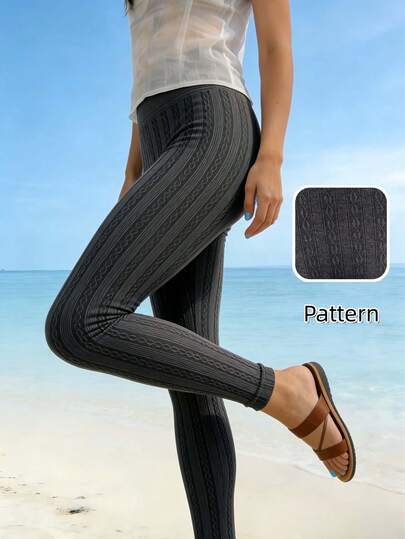 1pc Women's Gray Cable Knit Texture High Waist Skinny Pants, Comfortable For Daily Wear, Sports & Fitness