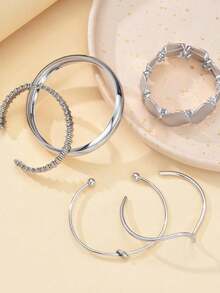 5pcs Vintage Exaggerated Luxurious Geometric Design Wide Metal Silver Bangle Set, Suitable For Daily Wear And Gift - Silver - View 5