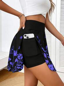 Plus Size Women Floral Print Pattern Casual Comfortable Elastic Waist Pocket Design Skorts Vacation Summer - Violet Purple - View 5