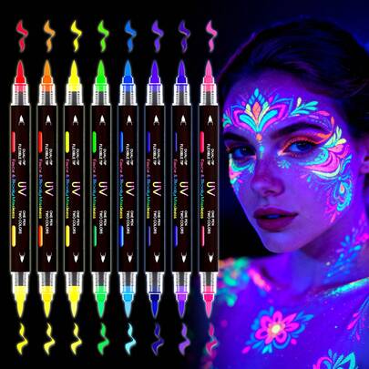 Flysea Juego de 8 bolígrafos fluorescentes de alto rendimiento que brillan en la oscuridad - ¡Necesita agitarse bien antes del primer uso! Adecuado para cosplay, fiestas, Halloween, Navidad, Año Nuevo, fiestas de discoteca, pintura corporal fluorescente, marcadores fluorescentes para graffiti facial y corporal