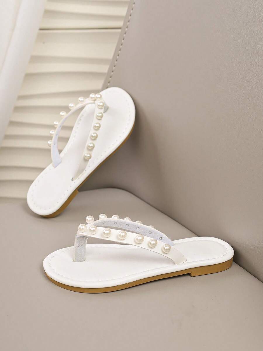 Sweet Style Girls' Summer White Pearl Decor Flip Flops, Round Toe Flat Slip-On Sandals, Children's Daily Beach Outdoor Casual Shoes