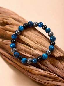 8毫米天然蓝虎眼石和黑曜石男士护身手链 - 勇气、自信、赤铁矿疗愈瑜伽冥想灵性珠宝礼物，男女皆宜 - 彩色 - 查看 2