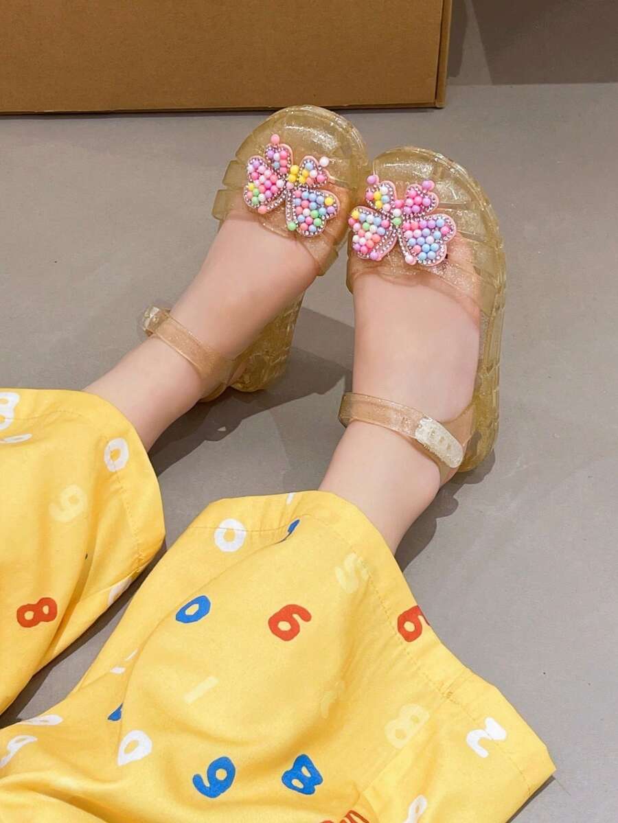 女童亮片蝴蝶结凉鞋,露趾踝带公主鞋,适合夏季海滩和日常穿着 - 金色 - 查看 1