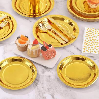 2pcs Gold Paper Plates, Including Salad Plate, Dessert Plate, Party Plate, Available In 7-Inch And 9-Inch Sizes, Easy To Clean, Suitable For Cakes, Desserts, Salads, Burgers, Sandwiches, Appetizers, Fruits, Applicable For Catering, Birthday Parties, Weddings, Outdoor Camping, New Year, Valentine's Day And Other Occasions.