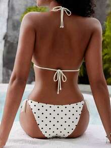 Bộ bikini hai mảnh gợi cảm kiểu Âu và Mỹ dành cho kỳ nghỉ hè trên bãi biển năm 2026, chất liệu polyester, màu trắng chấm bi đen, kiểu buộc dây cổ và quần bơi buộc dây bên hông. - Nhiều màu - Xem 4