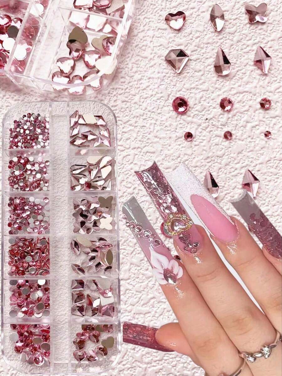 12 Pink Crystal Nail Art Grids, Rhinestones For Nail Art With Mixed Shiny Varied Shapes Along With Sparkling Rhinestone Polished Nail Charms, DIY Manicure Accessories For Nail Nails Nail Supplies Nail Gems - 粉色 - 查看 1