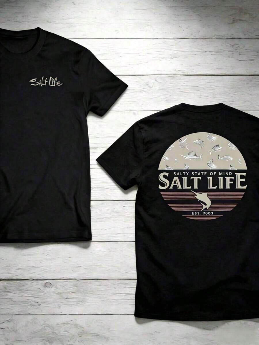 The "Salt Life" T-Shirt, Featuring A Print Of Near-Shore Fish, Is Ideal For Ocean Lovers And Beach Adventurers. Print Y2K Crew Neck T Shirt For Women, Holiday, Vacation, Spring, Festival,Graphic Tees,Vintage T Shirts,Free Shipping,100% Cotton - 黑色 - 查看 1