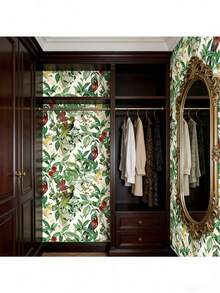 1 Roll Tropical Jungle Parrot Self-Adhesive Wallpaper, Vintage American Style Decor For Living Room, Bedroom, Vanity Area, Includes Green Leaf Decor, Red Floral/Parrot Patterns, Easy Peel And Stick Design - C - View 9