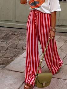 Women's Casual Striped Straight Leg Loose Pants, Suitable For Summer Holiday And Daily Wear Vacation Spring - Red - View 1