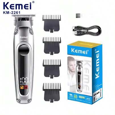 Kemei Máy cắt tóc điện KM-2261 dành cho nam, bộ đầy đủ lược giới hạn, máy tỉa tóc và râu không dây sạc USB, máy cắt tóc không dây nhỏ gọn dùng trong gia đình với màn hình LED, 1 chiếc.