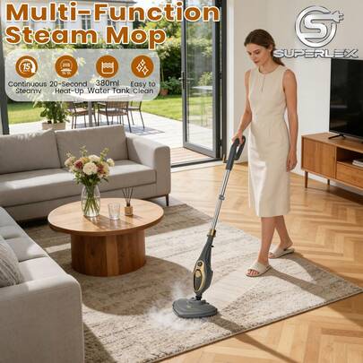SUPERLEX 15-In-1 Steam Mop & Handheld Multifunctional Cleaner. It Works On All Surfaces Including Floors, Carpets, Windows And Fabrics, Effectively Eliminating Up To 99.9% Of Viruses, Germs And Bacteria. Equipped With A Steam Adjustment Function, It Features A Built-In 330ml Water Tank And Heats Up Quickly In 15 Seconds, Easily Reaching Corners And Crevices.