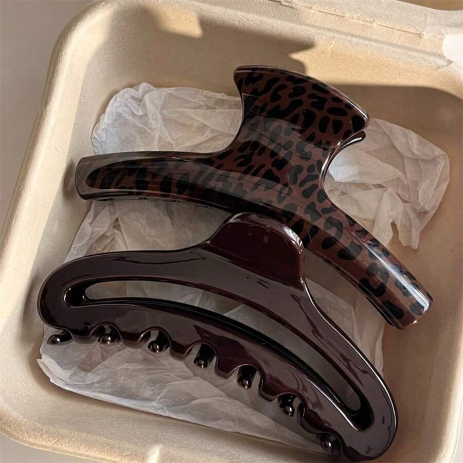 2pcs Fashionable Leopard Print Large Shark Claw Hair Clips, Hollow Out Hair Claws, Boho Beach Hairstyle Accessories - Multicolor - View 1