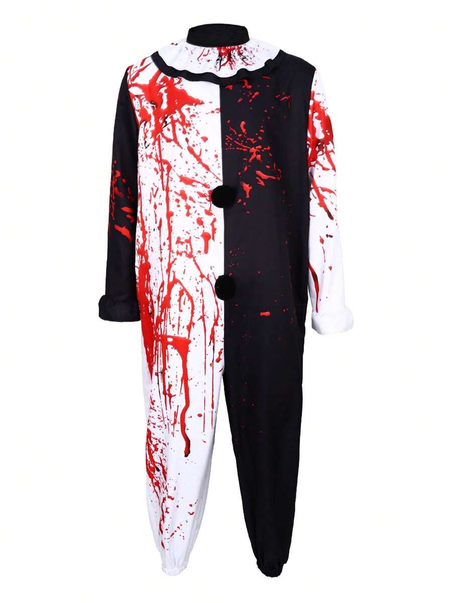 万圣节恐怖血腥黑白连体衣男士角色扮演服装 - 黑與白 - 查看 1