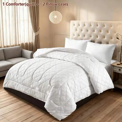 3 Piecesquilt Set Solid White Without Patterns,(1 Quilt With 200gsm Filling + 2 Pillow Shams, Inserts Not Included), All-Season Quilt, Soft, Comfortable And Breathable, Digital Printing, Ideal For Bedroom, Dormitory, And Home Use.