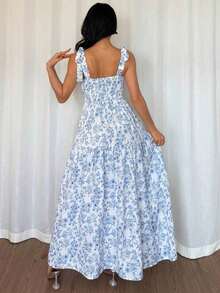 asdBreezaya Vestido elegante francés con corpiño fruncido y falda acampanada, estampado floral azul, sin mangas, nueva llegada de veranoasd ZK1Q - Azul y blanco - Ver 2