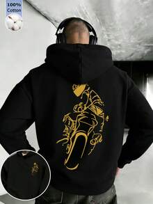男士黑色棉質上衣，酷炫街頭風摩托車騎士印花設計，寬鬆連帽衛衣，適合春秋穿著 - 黑色5 - 查看 2