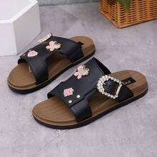 Beyond Paradise Solid Color Heart & Butterfly Rhinestone Decor Women's Flat Sandals, Suitable For Home, Beach, Vacation In Summer - Black - View 15