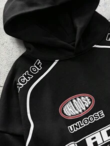 EVRINFINITE 男士标语图案口袋连帽衫，秋季款，长袖上衣 - 黑色 - 查看 3