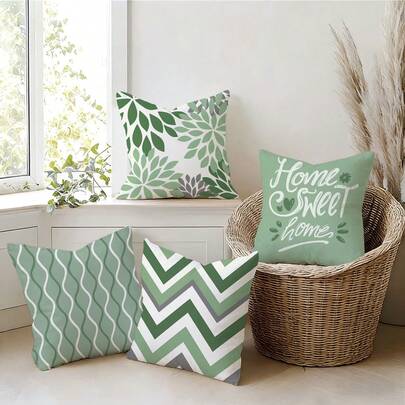 Bộ 4 vỏ gối trang trí mềm mại họa tiết hoa hình học Bắc Âu, chất liệu 100% polyester, phù hợp với ghế sofa phòng khách hiện đại và nhiều không gian khác.