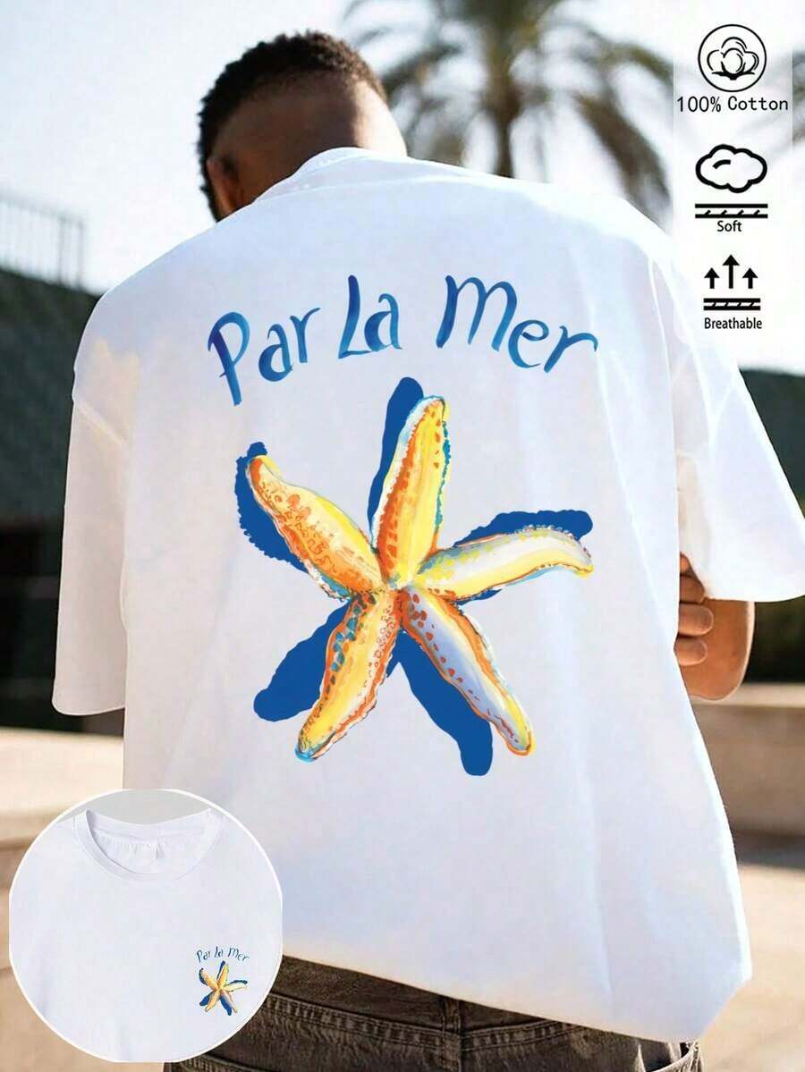 2026 Unisex T-Shirt, Pure Cotton T-Shirt For Spring And Summer With Starfish Design, Soft, Breathable, Short-Sleeved White For The Beach And Outdoor Activities, Ideal For Comfortable And Casual Wear For Everyday Use, Vacations And Festivals, With A Fun Starfish Print - A Perfect Gift For Ocean Lovers. - White - View 1