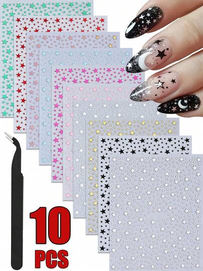 Bộ 10 miếng dán móng hình ngôi sao kèm 1 nhíp - Màu vàng bạc nhiều màu sắc, họa tiết ngôi sao Y2K, phụ kiện dán móng, đồ trang trí móng DIY.