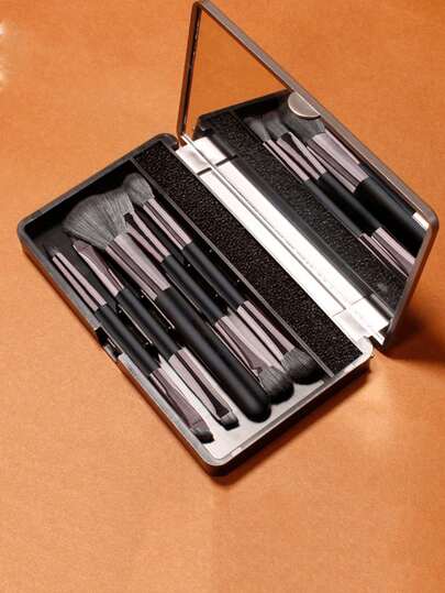 Set de 5 piezas de brochas de maquillaje portátiles de doble cabeza con espejo, brochas multifuncionales y herramientas de maquillaje