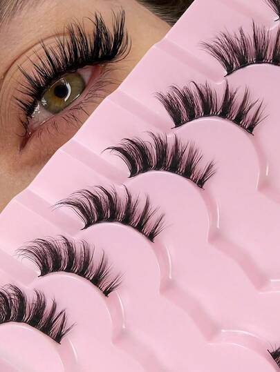 Hinarin 7 Cặp mi giả nửa mi màu đen mỏng nhẹ, kiểu mắt mèo, trông tự nhiên, cong nhẹ, làm thủ công, có đầu mềm mại, mi giả dài, phù hợp cho tiệc tùng và sử dụng hàng ngày.