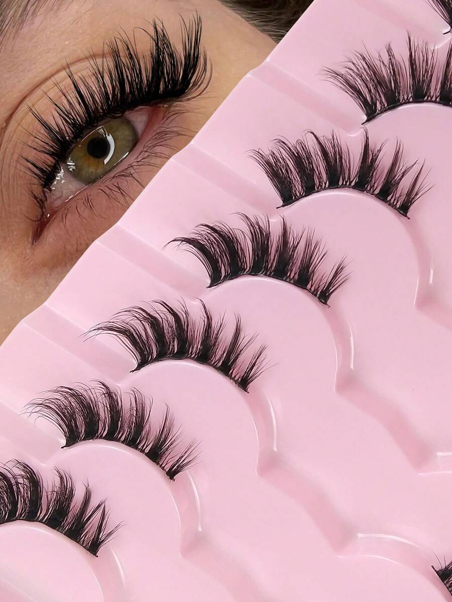 Hinarin 7对半截假睫毛，纤细黑色睫毛梗，猫眼妆效，自然卷翘，手工制作，睫毛末端柔软，拉长眼型，适合派对和日常佩戴