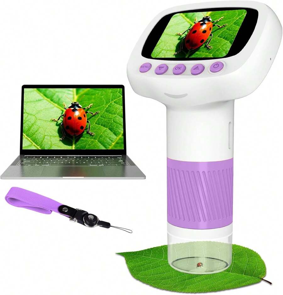 Pocket Kids Microscope For Over 3 Years Old, 1000X Handheld Microscope For Kids W/2''IPS Digital, Photo Video Mini Portable Microscopes, Science Edu Digiscope, For Kid Purple - Purple - View 1