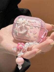 1个透明粉色TPU防震可爱兔子耳机保护套，带珍珠吊坠，兼容蓝牙耳机1/2代、Pro 3/4代 - 彩色 - 查看 3