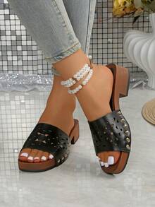Women's Niche Round Toe Open Toe Slippers, Strap Rivet High Heel Slides - Black - View 1