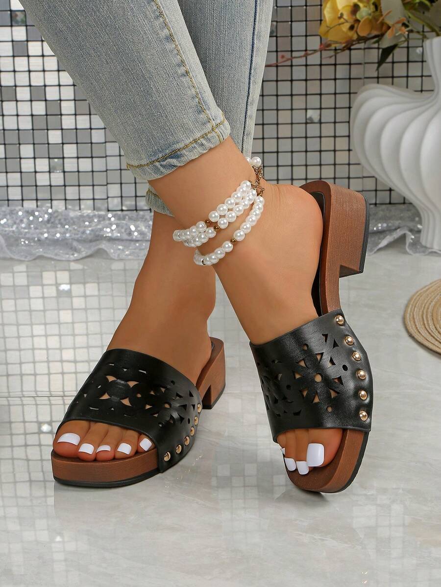Women's Niche Round Toe Open Toe Slippers, Strap Rivet High Heel Slides - Black - View 1