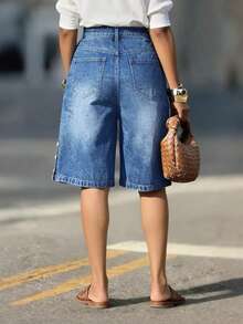 High Waist Wide Leg Denim Bermuda Shorts With Side Button Detail - Casual Summer Knee Length Denim Shorts - Medium Wash - View 2