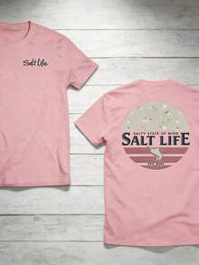 The "Salt Life" T-Shirt, Featuring A Print Of Near-Shore Fish, Is Ideal For Ocean Lovers And Beach Adventurers. Print Y2K Crew Neck T Shirt For Women, Holiday, Vacation, Spring, Festival,Graphic Tees,Vintage T Shirts,Free Shipping,100% Cotton - 粉色 - 查看 3