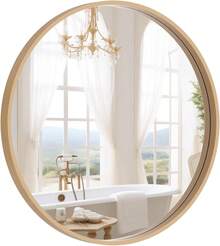 24 Inch Round Wood Mirror, Natural Circle Wall Mirror With Solid Wood Frame, Rustic Farmhouse Decor, Vanity Mirror For Bathroom, Entryway, Living Room, Easy To Hang, Distressed Finish - Naturlig - Visa 1