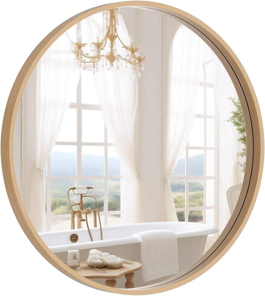 24 Inch Round Wood Mirror, Natural Circle Wall Mirror With Solid Wood Frame, Rustic Farmhouse Decor, Vanity Mirror For Bathroom, Entryway, Living Room, Easy To Hang, Distressed Finish - Naturlig - Visa 1
